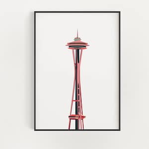 Seattle Space Needle Print - Architecture Poster - Seattle Washington Wall Art - Pink, Orange, Green, Blue