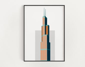 Chicago Skyscraper Willis Tower Print - Architecture Skyline Poster - Chicago Cityscape Wall Art - Orange & Blue