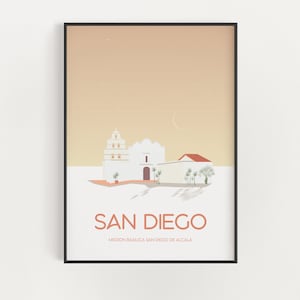 Cartel histórico de San Diego - California Travel Print - Arquitectura española - Mission Basilica San Diego de Alcalá al atardecer
