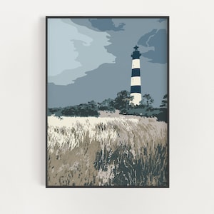 May include: A black and white striped lighthouse stands tall against a blue and gray cloudy sky. The lighthouse is surrounded by tall grass and trees.