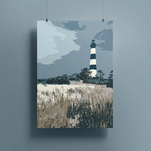 May include: A black and white striped lighthouse stands tall against a blue and gray cloudy sky. The lighthouse is surrounded by tall green grass.