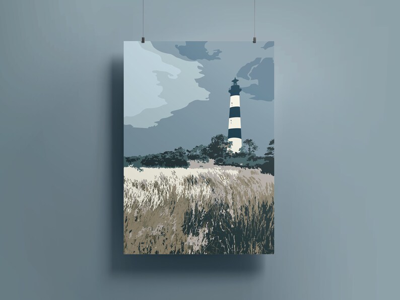 May include: A black and white striped lighthouse stands tall against a blue and gray cloudy sky. The lighthouse is surrounded by tall green grass.