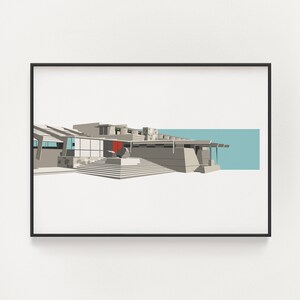 May include: A minimalist illustration of a modern house with a flat roof, large windows, and a concrete exterior. The house is set against a blue sky and has a red door.