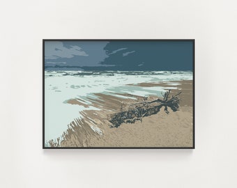 May include: A digital painting depicting a seascape with a weathered driftwood branch lying on a sandy beach. The sky is a dark blue with a few clouds, and the waves are a light blue and white. The sand is a light brown.