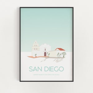 Cartel de viaje de San Diego - California Historic Place Print - Arquitectura española - Mission Basilica San Diego de Alcalá al amanecer imagen 1