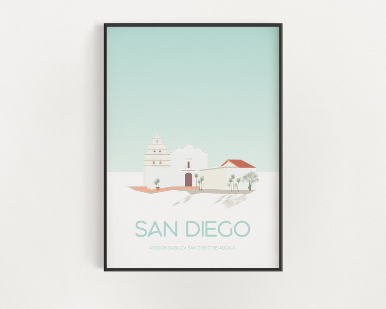 Cartel de viaje de San Diego - California Historic Place Print - Arquitectura española - Mission Basilica San Diego de Alcalá al amanecer imagen 1