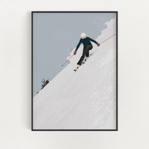Woman Skiing Print - Ski Poster - Mountain House Wall Art - Skiier Gift - Alpine Ski Wall Decor - Ski Lodge Art