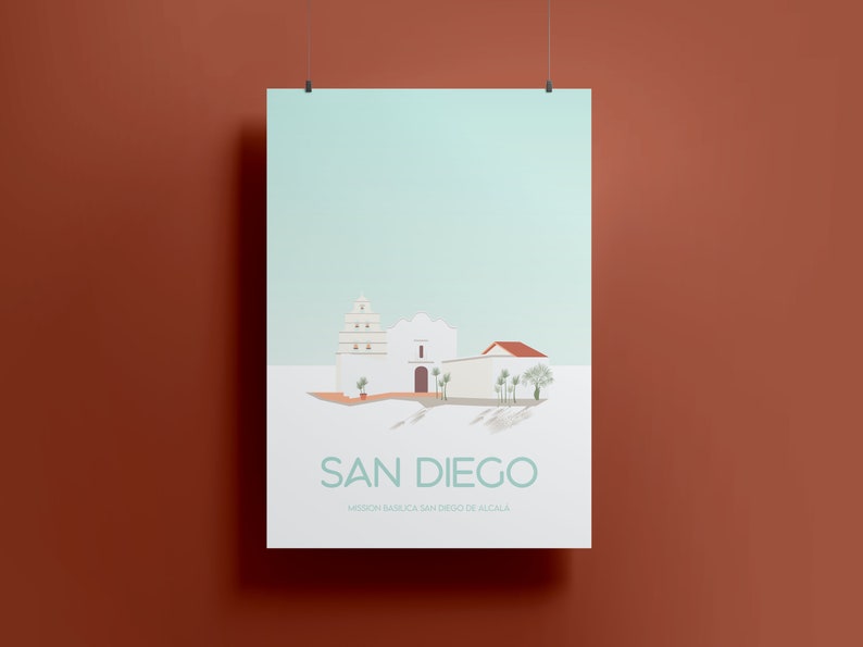 Cartel de viaje de San Diego - California Historic Place Print - Arquitectura española - Mission Basilica San Diego de Alcalá al amanecer imagen 2