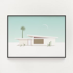 Mid-Century Modern Palm Springs House Print - Southwestern Architecture Poster - White House with Moon