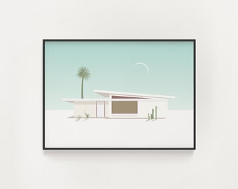 Mid-Century Modern Palm Springs House Print - Affiche d'architecture du sud-ouest - Maison Blanche avec Lune