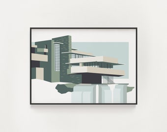 Frank Lloyd Wright - Impresión de agua que cae - Cartel de arquitectura - Arte de la pared de Pensilvania - Verde salvia
