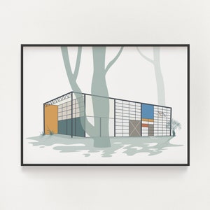 Pode incluir: Uma ilustração minimalista de uma casa moderna com uma fachada em grelha. A casa é cercada por árvores e tem uma parede amarela no lado esquerdo. A casa é pintada em tons de azul, laranja e cinza.