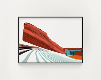 Impresión del anfiteatro Red Rocks - Cartel de arquitectura - Colorado Wall Art - Rojo, naranja y azul
