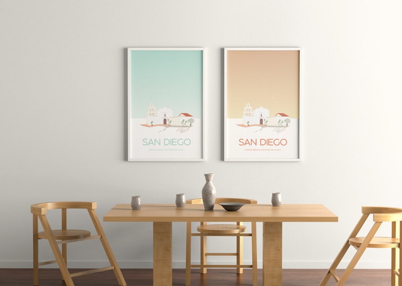 Cartel de viaje de San Diego - California Historic Place Print - Arquitectura española - Mission Basilica San Diego de Alcalá al amanecer imagen 3