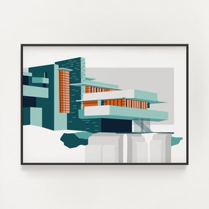 Frank Lloyd Wright - Falling Water Print - Architecture Poster - Pennsylvania Wall Art - Orange & Blue