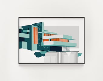 Frank Lloyd Wright - Impresión de agua que cae - Cartel de arquitectura - Arte de la pared de Pensilvania - Naranja y azul