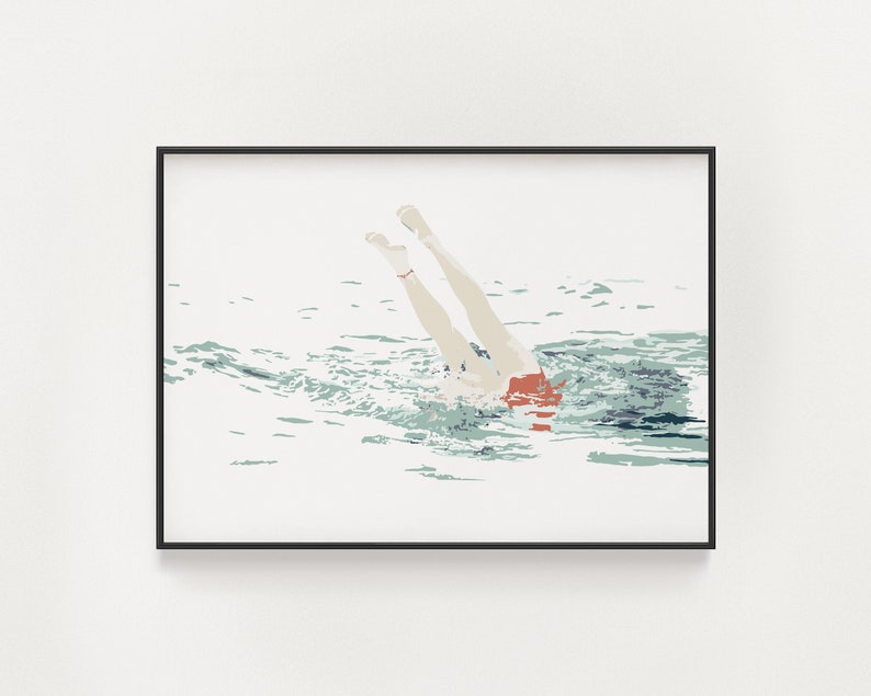 Woman Swimming in Ocean Art Outer Banks NC Poster OBX Beach Print Ocean Wall Art Swimmer Gift Modern Beach House Wall Decor image 1