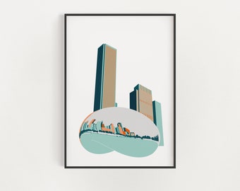 Chicago Bean Sculpture Print - Architecture Poster - Millennium Park Wall Art - Orange, Blue