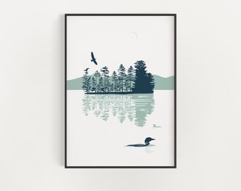 May include: A digital illustration of a forest reflected in a lake. The trees are dark green and the water is light blue. A loon swims in the lake and a bird flies overhead.