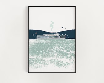 May include: A vintage illustration of a white steamboat with a blue hull, sailing on a light blue and white textured water. The boat has a yellow stripe and a small American flag. Two black birds are flying in the sky above the boat.