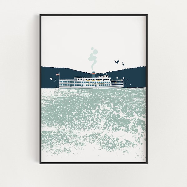 Lake George Adirondack Poster - Lac du Saint Sacrement Steamboat Art - New York Vacation Print