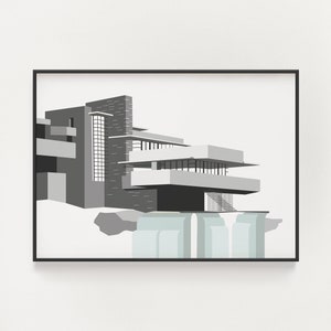 May include: A black and white illustration of a modern house with a flat roof and large windows. The house is built over a waterfall, with the water cascading down the side of the building.