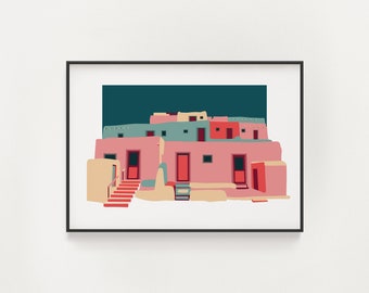 Taos Pueblo Adobe Architecture Print - Taos Architectuur - Kunst aan de muur - Roze & Blauw