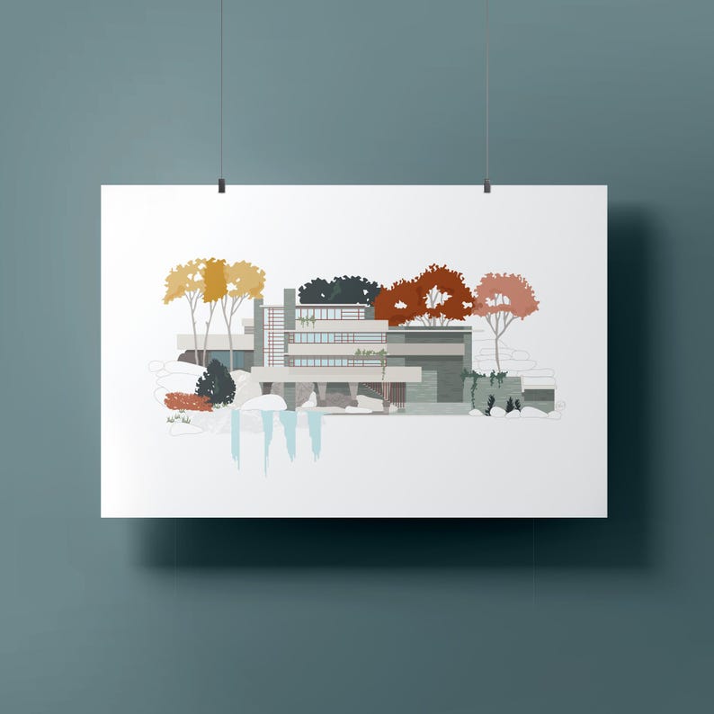 Fallingwater Frank Lloyd Wright Print - Mid Century Modern Architecture ...