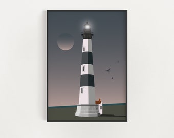 Bodie Island Lighthouse Outer Banks Coastal Print - Architecture Poster - North Carolina Wall Art - Dusk
