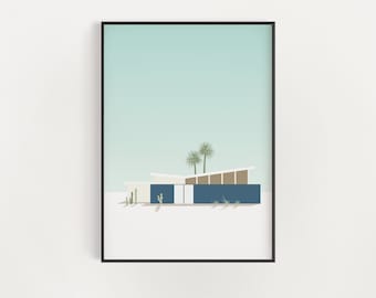 Palm Springs MidCentury Modern House Art - Southwestern Architecture Print - House with Blue Gate