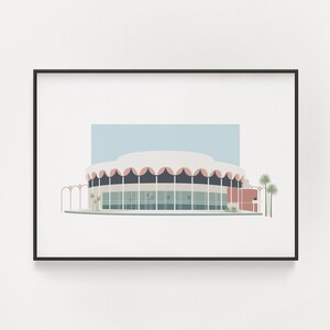 May include: A minimalist illustration of a large, modern building with a curved roof and a light blue sky in the background. The building has a pink and white colour scheme and is surrounded by palm trees.