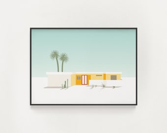 Palm Springs Mid-Century Modern House Print - Affiche d’architecture du sud-ouest - Maison jaune avec porte rouge