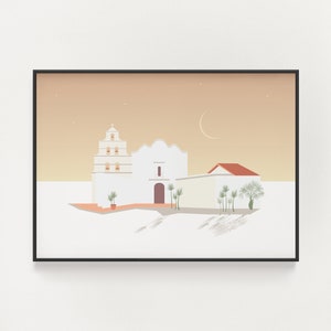Impresión de San Diego - Póster de viaje - Ilustración de la Basílica de la Misión de San Diego de Alcalá - Atardecer en California - Arte del Suroeste