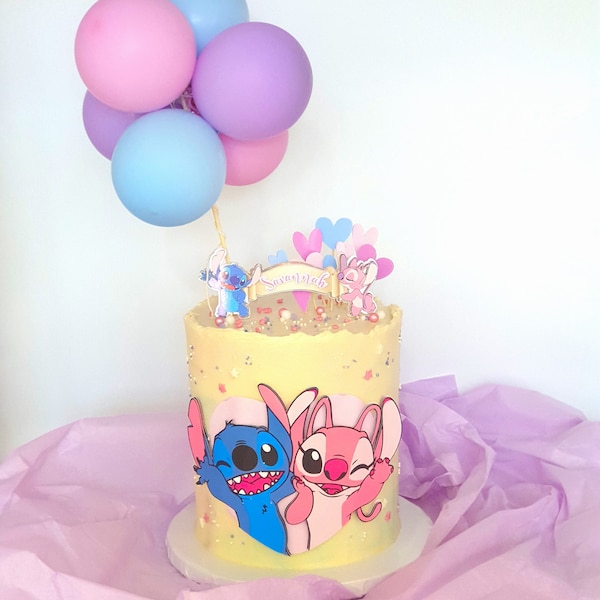 Décoration pour gâteau personnalisée Stitch & Angel - Jolie bannière à votre nom avec des ballons roses, violets, bleus Adorables Stitch, Lilo et Stitch