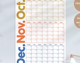 Calendario da parete trimestrale non datato Q4 STAMPABILE / Inizio LUNEDÌ E DOMENICA / Planner trimestrale / Calendario di 90 giorni / Download immediato / Colorato