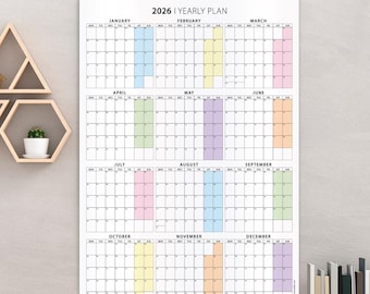2026 Yearly Wall Calendar | Pastel Rainbow Planner, Minimalist Design