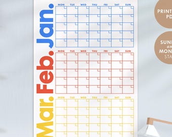 PRINTABLE Q1 Undated Quarterly Wall Calendar | MONDAY & SUNDAY Start | Quarterly Planner | 90 Day Calendar | Instant Download | Colourful