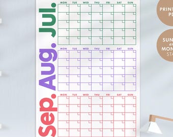 PRINTABLE Q3 Undated Quarterly Wall Calendar | MONDAY & SUNDAY Start | Quarterly Planner | 90 Day Calendar | Instant Download | Colourful