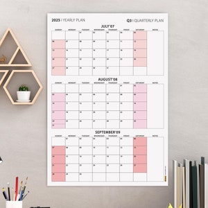 2025 Quarterly Wall Calendar: July-September, Boho Pink Planner