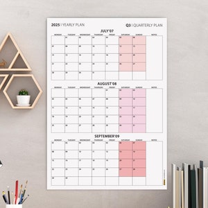 2025 Q3 Wall Calendar: Boho Pink, 90-Day Planner