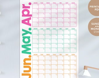 DRUCKBAR Q2 Undatierter Vierteljahreskalender | MONTAG & SONNTAG Start | Vierteljahresplaner | 90 Tage Kalender | Sofortdownload | Bunt