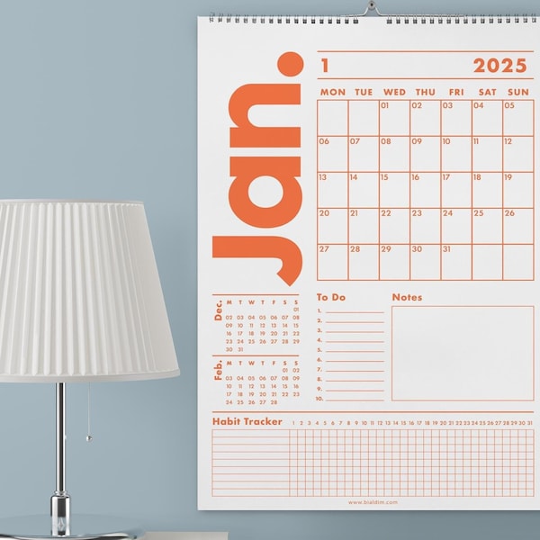 Calendario de pared 2026, planificador mensual de pared, calendario de 12 meses, mes anterior y siguiente, seguimiento de hábitos, tareas pendientes, inicio en domingo y lunes, arcoíris
