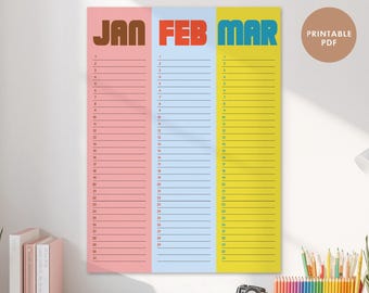 Planificador mural trimestral sin fecha para imprimir / Calendario retro con bloques de color / Organizador mural de 3 meses / Planificador trimestral en PDF / Descarga instantánea