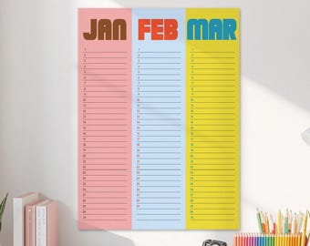 Planificador de pared trimestral grande sin fecha / Calendario retro con bloques de color / Organizador de pared de 3 meses / Decoración para la oficina en casa