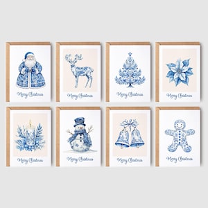 Afdrukbare blauwe toile kerstkaarten 8 set, digitale download A6, 5 x 7 inch kerstkaarten, kerstkaarten, instant download