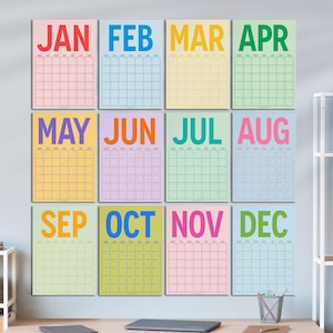 Planner da parete mensile non datato, colorato, calendario perpetuo, calendario da parete mensile, inizio lunedì e domenica, 33 x 48 cm, A4, 12 pagine separate