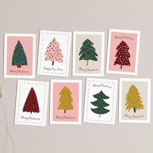 Set di 8 biglietti di auguri stampabili con albero di Natale, download digitale A6, biglietti di auguri per le feste 5x7", biglietti eleganti, cartoline di buon Natale