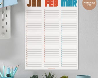 Planificador mural trimestral grande sin fecha para imprimir / Calendario retro a color / Organizador mural mensual / Planificador de 3 meses en PDF / Descarga instantánea