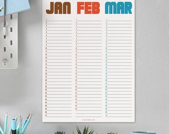 Planificador de pared trimestral sin fecha / Calendario de bloques retro grande / Organizador de pared de 3 meses