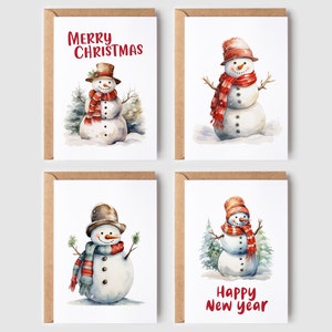 Tarjetas navideñas de muñeco de nieve, juego de 8 postales, tamaño A6 o 5 x 7 pulgadas, impresión artística, paquete de postales hechas a mano con acuarela